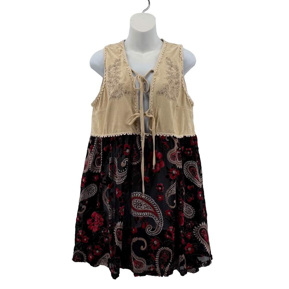 POL Soft Tan Velvety Top with Ties, Sheer Paisley Bottom, Sleeveless - Large